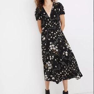 Madewell Puff Sleeve Wrap Front Midi Dress in Polka Daisies